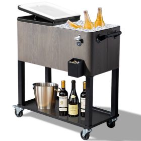【Same Code：00429499】80-Quart Outdoor Beverage Rolling Cooler for Backyard Deck Patio with Wheels, Wood Grain Gray