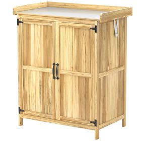 Outdoor Storage Cabinet, Garden Tool Shed with Metal Tabletop, Shelf, Wooden Potting Bench with 2 Doors, Natural Wood