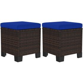 2 Pieces Wicker Outdoor Ottomans with Cushions, Rattan Ottoman Footrest & Side Table for Patio Yard Poolside, Dark Blue