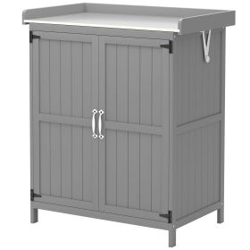Outdoor Storage Cabinet, Garden Tool Shed with Metal Tabletop and Shelf, Wooden Potting Bench with 2 Doors, Gray