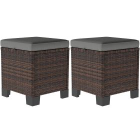 2 Pieces Wicker Outdoor Ottomans with Cushions, Rattan Ottoman Footrest & Side Table for Patio Yard Poolside, Gray
