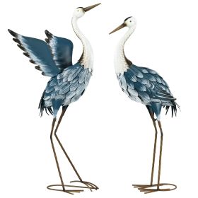 Set of 2 Standing Bird Garden Sculptures, Heron Garden Statues for Lawn, Patio, Backyard Decoration, 29" & 27.5", Blue & White