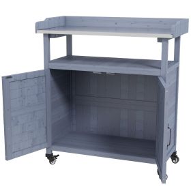 Outdoor Potting Bench with Storage Cabinet Aluminum Tabletop Rubber Wheels for Patio Backyard Balcony Gray