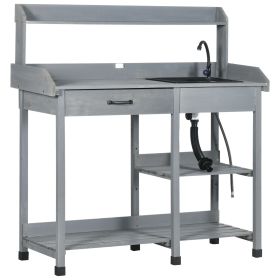 Wooden Potting Bench Table Gray with Removable Sink Hose Hook Up Drawer Shelves Hooks