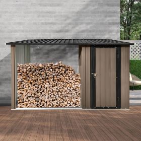 Outdoor Metal Firewood Rack and Storage Shed, Brown and Black,Two-in-one function