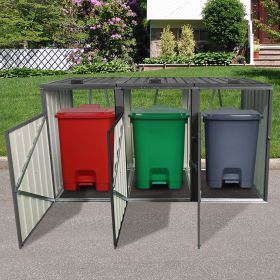 Garbage Bin Shed Stores 3 Trash Cans Metal Outdoor Bin Shed for Garbage Storage,black