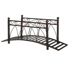 3.3' Metal Arch Zen Garden Bridge with Safety Siderails, Decorative Footbridge, Delicate Scrollwork & Corner Spheres for Stream, Fish Pond, Bronz