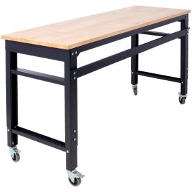 Workbench - 60 Wide Rolling Workbenches For Garage - Adjustable Height, Workshop Tool Bench, Metal With Rubber Wood Top (Option: Black)