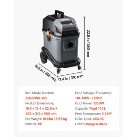 Commercial Shop Vac, 11 Gallon Wet Dry Shop Vacuum, 5.5 Peak HP Portable With One-Button Self-Cleaning, 1350W Input, 1.25in X 7ft Hose, 20ft Cord (Option: Black)