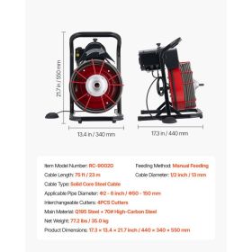 Drain Cleaner Machine 75 FT X 1/2 Inch, Sewer Snake Auger Manual Feed With 4 Cutters & Air-activated Foot Switch For 2" To 6" Pipes (Option: Black)