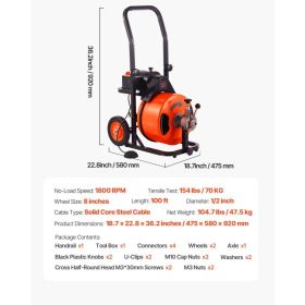 Drain Cleaner Machine 100 FT X 1/2 Inch, Auto Feed Sewer Snake Auger On Wheels, Portable Drain Cleaning Machine With 4 Cutters & Air-activated Fo (Option: Black)