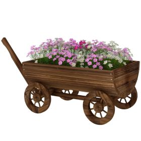 Wooden Wagon Planter Box, Mobile Garden Planter with 4 Wheels, Small Wheelbarrow Wagon Flower Cart with Drainage Hole (Option: Carbonized-760x305x150 mm)