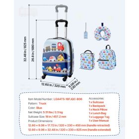 Kids Luggage Set, 5 Piece, 18 Inch Hardside Rolling Wheels Suitcase With Backpack & U-shape Pillow, Truck Kids Carry On Luggage Set, Holiday Birt (Option: default)