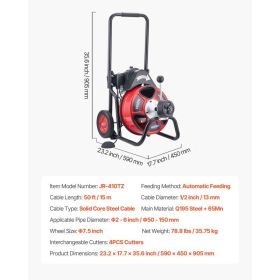 Drain Cleaner Machine 50 FT X 1/2 Inch, Auto Feed Sewer Snake Auger On Wheels, Portable Drain Cleaning Machine With 4 Cutters & Air-activated Foo (Option: Black)
