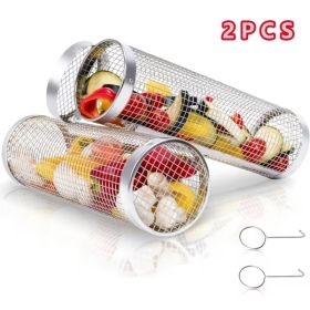 2 extra large outdoor barbecue rolling barbecue baskets Bbq mesh stainless steel large round mesh rotating barbecue tube cages vegetables vegetab (Option: 04355629)
