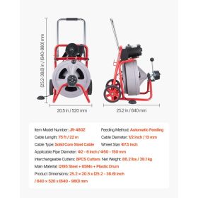 Drain Cleaner Machine 75 FT X 1/2 Inch, Auto Feed Sewer Snake Drain Auger On Wheels, Portable Drain Cleaning Machine With 8 Cutters & Air-Activat (Option: Black)