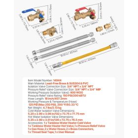 Water Heater Kit, 3/4 Inch Cold & Hot Water Plumbing Repair Kit With 600 WOG Isolation Valves, Pressure Relief Valve, Dual-Layer Gas Hose, Compat (Option: Black)