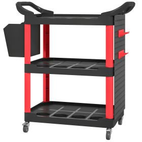 3-Tier Rolling Tool Cart, 200 LBS Capacity Plastic Utility Cart With Side Shelf And Storage Bucket, Black & Red (Option: Black, Red-960x450x250 mm)