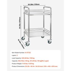 Stainless Steel Cart, 2-Tier Rolling Lab Utility Cart With Lockable Wheels, Medical Serving Trolley Clinic Tray, Heavy Duty Mobile Service Storag (Option: default)