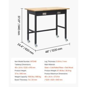 48-inch Workbench, 1500 Lbs Load Capacity, Garage Workbench With Drawer Storage & Wheels, Workshop Bench On Wheels, Heavy Duty Oak Wood Top Work (Option: Black)
