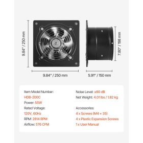 8 Inch Exhaust Fan, 576 CFM High Velocity Wall Mount Vent Fan With On/Off Control, Low Consumption, Portable Ventilation Extractor For Attic,Gara (Option: Black)