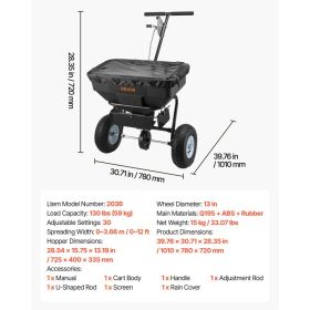 Walk-Behind Spreader, 12ft Spreading Width, Push Broadcast Spreader With 13" All-Terrain Tires, Adjustable Flow Control, 130lbs Capacity Hopper, (Option: Black)