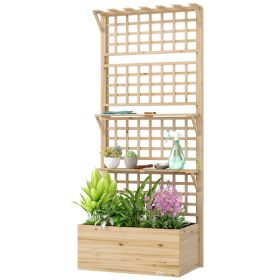 Wooden Raised Garden Bed with Trellis and Roof, Elevated Planter Box with 2 Shelves, Drainage Hole and Liner, Natural (Option: Natural Wood-850x380x260 mm)