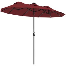 Double-sided Patio Umbrella, 9.7' Outdoor Umbrella With Tilt And Crank, LED Solar Light And 12 Ribs, Wine Red (Option: Red)