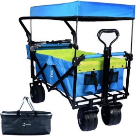 Collapsible Wagon Heavy Duty Folding Wagon Cart With Removable Canopy, 4in Wide Large All Terrain Wheels, Brake, Adjustable Handles,Cooler Bag Ut (Option: default)