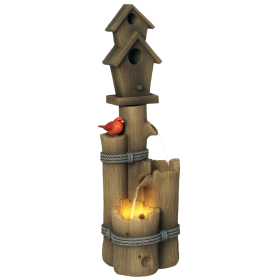 Outdoor Fountain with Birdhouse, Cascading Garden Waterfall Bird Bath with 3-Tier Rustic Tree Trunk / Log Design, LED Lights for Porch, Deck, Ya (Option: Brown-710x420x420 mm)
