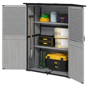 Wood Storage Shed, Outdoor Garden Shed with Asphalt Roof, 2 Shelves, Lockable Doors and Adjustable Feet, Gray (Color: Gray)