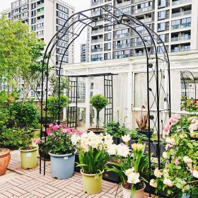 Metal Garden Arch W74.4'' x H98.4'' Garden Arbor Trellis Climbing Plants Support Rose Arch Outdoor Arch (Color: BLACK)