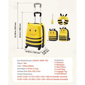 Kids Luggage Set, 5 Piece, 18 Inch Hardside Rolling Wheels Suitcase With Backpack & U-shape Pillow, Bee Kids Carry On Luggage Set, Holiday Birthd (Option: default)