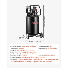 14-Gallon Air Compressor, 2HP 4.3 SCFM At 90PSI, Max 125PSI Pressure Oil-Free Air Compressor Tank, Portable On Wheels For Auto Repair, Tire Infla (Option: Black)