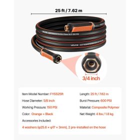 Garden Hose, 25 Ft 5-8in Heavy Duty 4-Layer Rubber Water Hose, 150PSI Working & 600PSI Burst, Flexible & Non-kink Outdoor Waterhose With 3-4in Fi (Option: default)