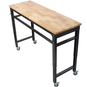 Workbench - 60 Wide Rolling Workbenches For Garage - Adjustable Height, Workshop Tool Bench, Metal With Rubber Wood Top,Black Hammertone Leg (Option: Dark Gray Wood)