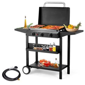 3-Burner Flat Top Gas Griddle Cooking Station With Ceramic Coated Cast Iron Pan, 30,000 BTU Propane Fuelled Griddle Station With Side Shelves & S (Option: default)