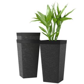 22.8 Inch Set of 3 Outdoor Planters with Stone Finish and Wheels, Stackable Tapered Planters with Drainage Hole, Black (Option: Black-350x350x850 mm)